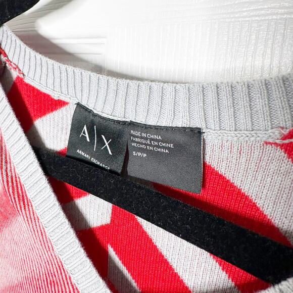 A/X Armani Exchange Mens Small V-Neck Chevron‎ Stripe Red Gray Sweater - Picture 2 of 5